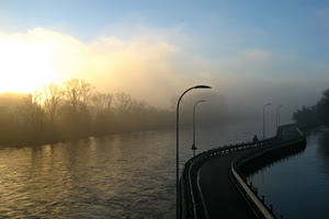 lampioni, nebbia, fiume, strada, ponte, alberi, tramonto